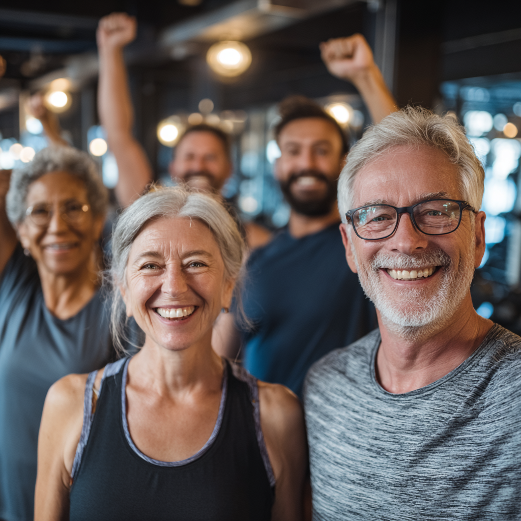 group of middle-aged adults celebrating fitness achievement together in supportive gym environment