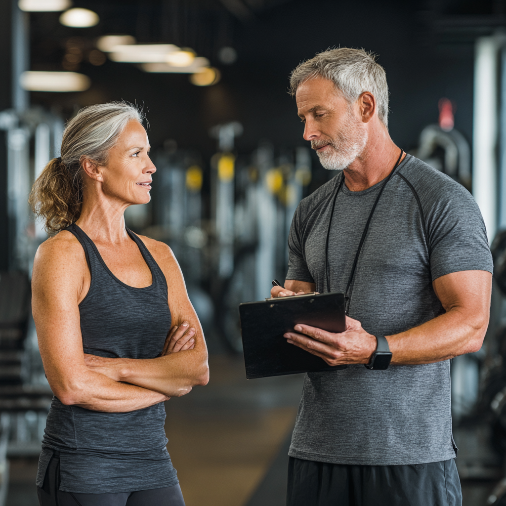 mature adult discussing fitness plan with professional trainer in modern gym setting